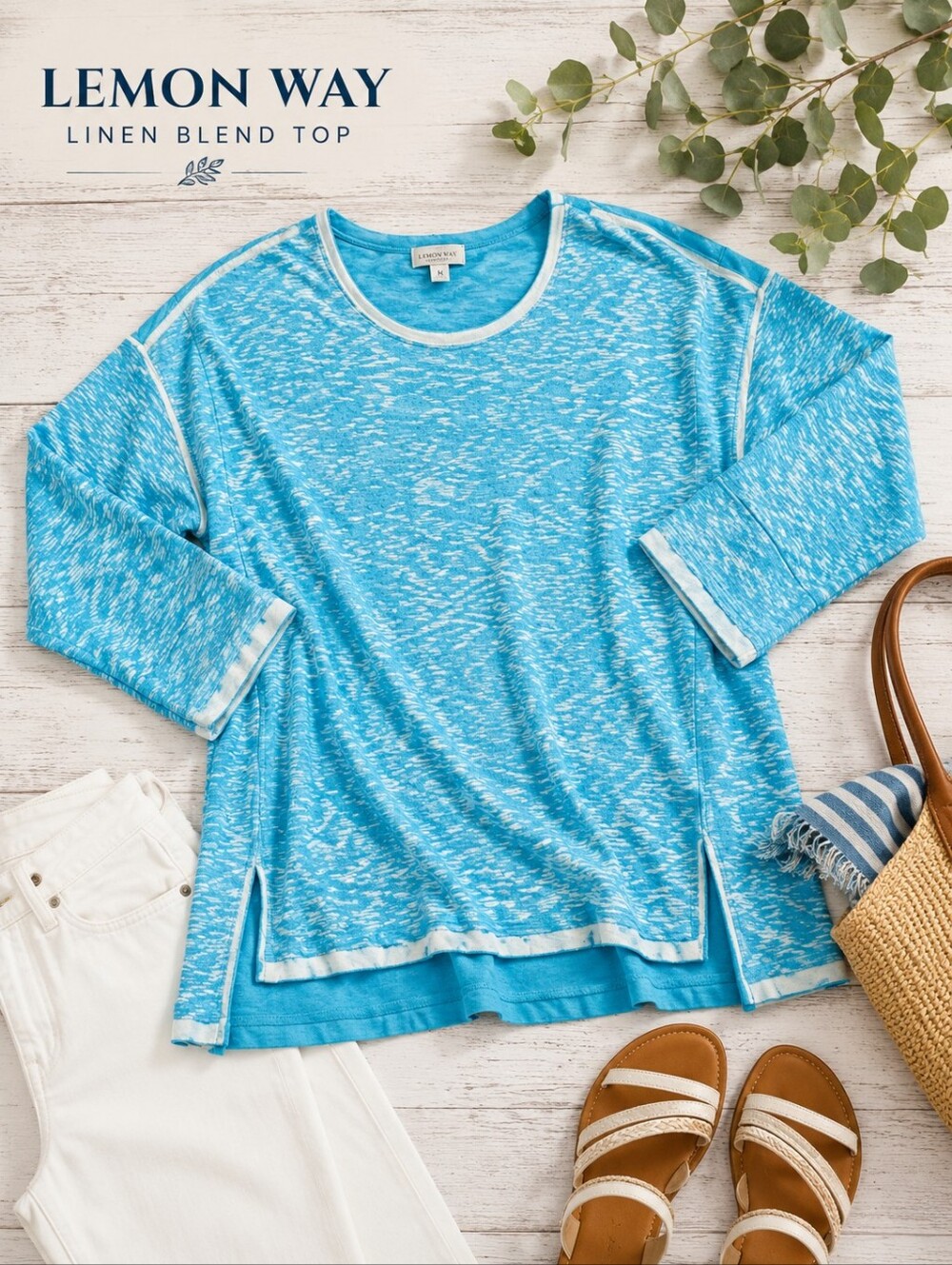 Lemon‎ Way LINEN Blend Blue and White Top